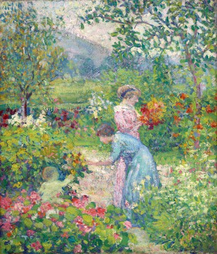 Mildred Burrage, "The Flower Garden," ca. 1909-1910, oil on canvas. Portland Museum of Art.