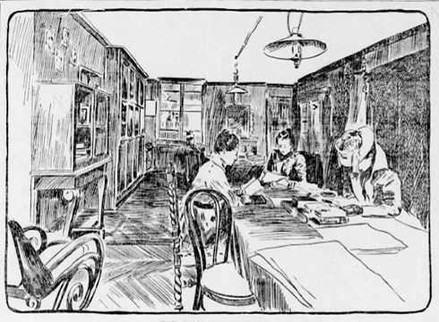 Drawing of the library/reading room. The Philadelphia Inquirer, 21 January 1900 