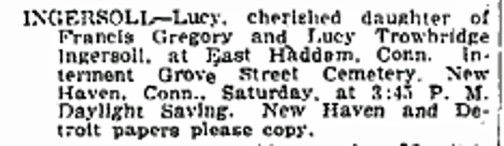 Death notice for Trowbridge’s daughter Lucy, published in The New York Times, August 10, 1924