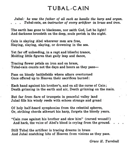 A religious poem about a Hebrew descendant of Cain from the book of Genesis which Turnbull published in The Art World in 1917, p. 312