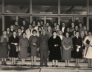 Official Shape photo of Dorothy Leet and Reid Hall students at Shape Headquarters, October 11, 1961. RH Archives