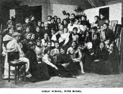 All-women atelier with male model at the Académie Vitti, Leslie's Weekly Illustrated, July 18, 1895, p. 39