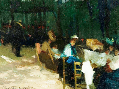 Martha Walter, “By the Bandstand- Luxembourg Gardens,” ca. 1903-1908, oil on panel. Woodmere Art Museum