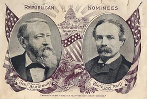 1892 Benjamin Harrison (and VP nominee Whitelaw Reid) Republican Presidential Candidacy Trade Card. Issued as an advertising plug for Wright's Indian Vegetable Pills. https://heritagesquarephx.org/news/high-society-at-heritage-square/