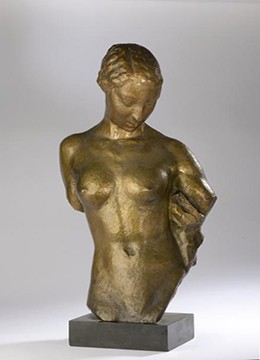 Robert Wlérick, "La petite jeunesse," bronze. The model is Georgette Wlérick, his wife. The first version, in half size, was presented at the Salon of the National Society of Fine Arts in 1913. A second version, also in half size, with drapery under the left arm, was on display at the Salon des Tuileries in 1927. The 3rd version was life-size and without the drapery (Fondation Coubertin)