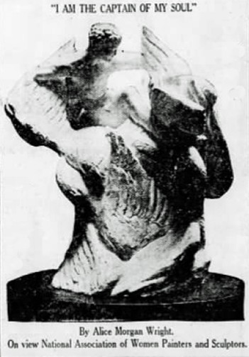 Wright’s sculpture, “I am the Captain of My Soul,” was shown at the 33rd Annual Exhibition of the National Association of Women Painters and Sculptors in 1923. Photo from The Brooklyn Daily Eagle, October 21, 1923, p. 2B.