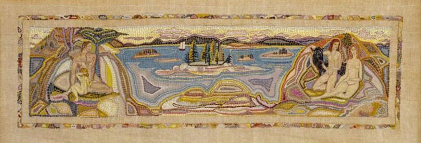 Marguerite and William Zorach, “Maine Islands,” 1919, needlework and pencil on canvas, Smithsonian American Art Museum.