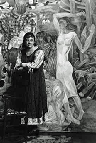 Marguerite Zorach in front of her painting, "Land and Development of New England," 1935, Smithsonian Archives of American Art