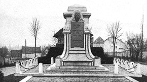 War memorial created by Charly Knight and sculptor Marius Borget, inaugurated in Peyrieu, France on November 23, 1919; donated by Mr. and Mrs. Hoff. Patch, p. 313