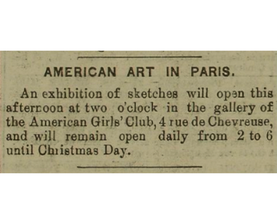 Notice about the annual AWAA exhibition opening, The New York Herald European edition, December 11, 1896, p. 3. Gallica.