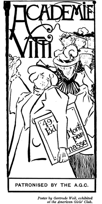 Gertrude Weil’s poster for Academie Vitti, reprinted in The Quartier Latin, January 1897, p. 168. Google Books
