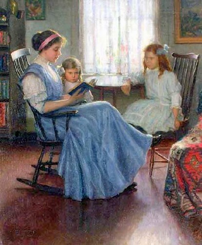 Lee Lufkin Kaula, "Mother Reading with Two Girls," c. 1910, oil on canvas. American Gallery.wordpress.com