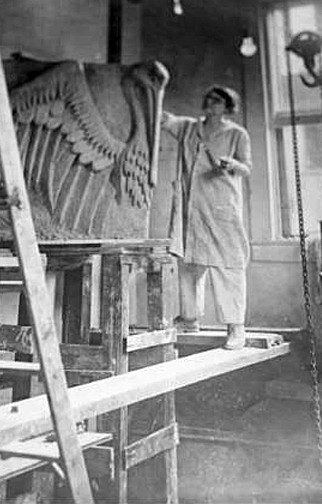 Angela Gregory in her studio with the plaster cast of her 1929 commission for the Criminal Court Building, New Orleans