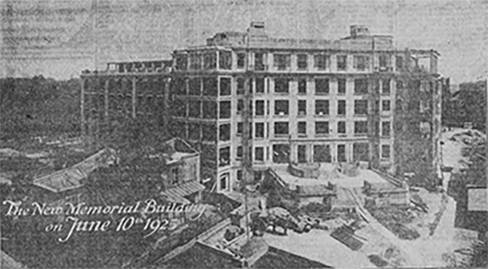 View of the Memorial Hospital Construction Site. The Chicago Tribune, June 20, 1925, p. 4. 