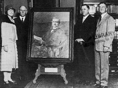 From left to right: Kate Edwards, painter of the portrait; Dr. M. L. Brittan, President of Georgia Tech; I. S. Hopkins, Atlanta attorney and youngest son of Dr. Hopkins; H. J. Hopkins, another son of the first Tech President. Retrieved from Frances and Thomas Arnold, children of Mr. and Mrs. Reuben R. Arnold, the cuts made from studies in black and white. Retrieved from The Atlanta Constitution, September 30, 1917, p. B12.