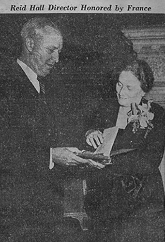 Dorothy F. Leet with David K. E. Bruce, Ambassador of the U.S. to France, during the ceremony honoring her as Officer of the Légion d'Honneur. Photograph retrieved from New York Herald Tribune, Paris, July 31, 1950, n.p. RH archives, scrapbook. 