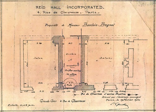 Strip of land between Reid Hall and neighboring property, belonging to Mr. Baudoin-Bugnet, 1930. Architectural plan, RH archives.
