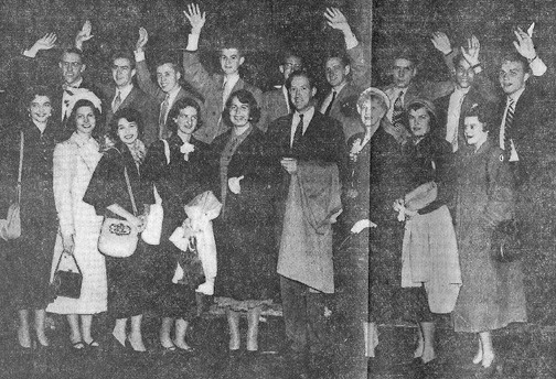 Yale Summer Study Students, waving goodbye from the boat Georgie, New York Herald Tribune, June 15, 1950, p.