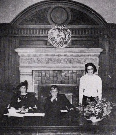 Virginia Gildersleeve, M. Charlety, Mme Veiller Duray at the Council of the IFUW, in Reid Hall's Grande Salle. Photograph retrieved from the Barnard College Alumnae Monthly, vol. 27, no. 1, October 1937, p. 5.