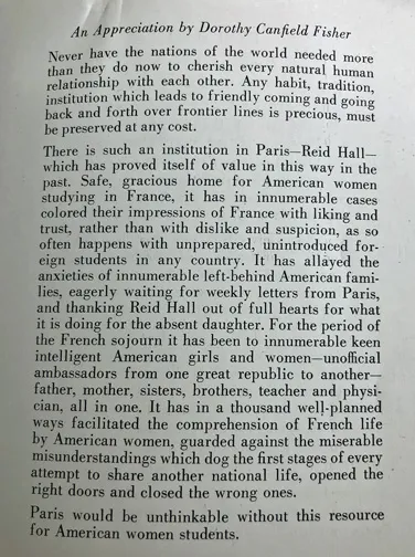 Appreciation of Reid Hall by writer and social activist Dorothy Canfield Fisher. 1947 Reid Hall Brochure