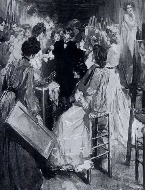 Whistler teaching a women’s atelier at his Académie Carmen. Printed in "Some Parisian Recollections by Cyrus Cuneo,"Pall Mall Magazine Vol. XXXVIII, November 1906, No. 163.
