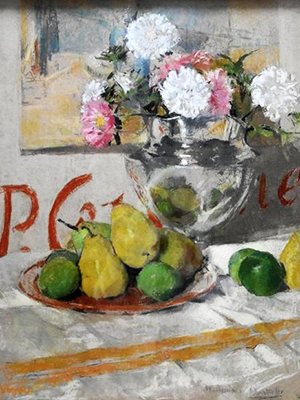 Henriette Amiard Oberteuffer, “Still Life with Silver Pitcher, Asters, and Pears,” ca. 1920s, body color and pastel on paper, Telfair Museums.