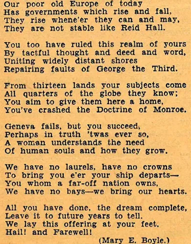 Mary E. Boyle, Poem read to Dorothy Leet at her goodbye party, 1938. Herald Tribune