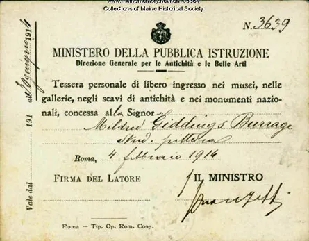 Mildred Burrage, Rome Museum Pass. Maine Historical Society