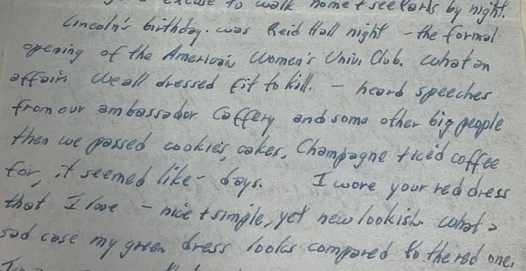 Carolyn French letter to her parents, February 21, 1948, on the official Reid Hall reopening celebration (Smih College Archives)