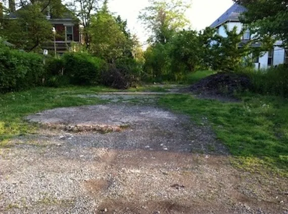 1550 Clifton Avenue, May 2013, showing remaining foundation of Mary Elizabeth Cook's kiln and studio. Domberg House, Stories of Woodland Park. 