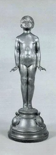 May Elizabeth Cook, "Turtle Fountain," 1927, bronze. Signed "M E COOK 1927", 53½in. high, brown extensively rubbed patina, traces of verdigris. Domberg House.