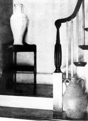 Landing on Cook's studio with the stairs showing vases she made and the newel post and railing she carved, Bulletin of the Ceramic Society, 1944