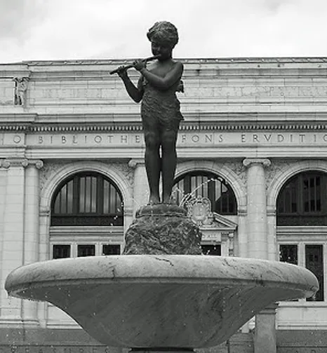 May Elizabeth Cook, Munson Memorial Fountain. Columbus Public Library, unveiled in 1928. Pan figure, bronze, 1927