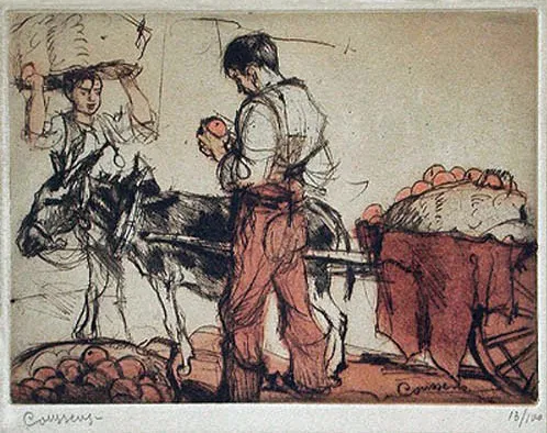 "The Orange Cart", Armand Coussens, ca. 1920, engraving and color etching, Chalographie du Louvre