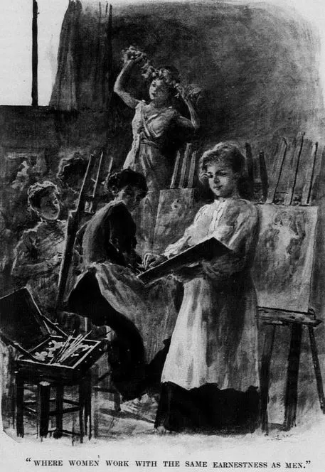 An illustration drawn from a comment by M. Guerin, famed atelier teacher, about female art students in the Montparnasse academies. "Art Student Life in Paris." Katharine De Forest. Harper's Bazaar, July 7, 1900, volume 33, issue 27, pg. 630