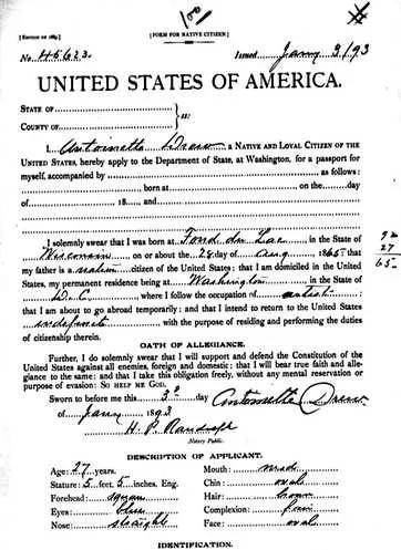 Drew's passport application. Ancestry.com