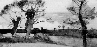 Florence Esté, "November," trees in a field, c. 1922, watercolor. Wikimedia Commons