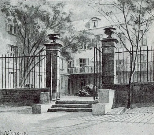 Reid Hall's garden, illustration by H.W. Faulkner, Harper's Bazaar, September 1902, volume 36, issue 9, pg. 757