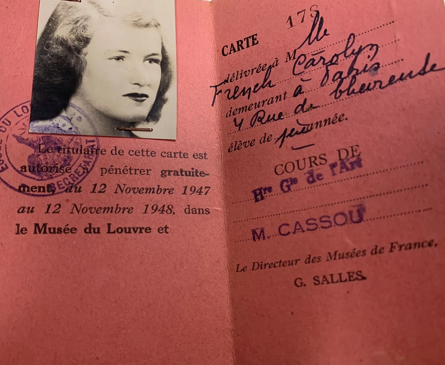 French's Ecole du Louvre ID card, November 1947 (Smith College Archives)