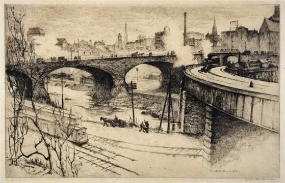 Gabrielle de Veaux Clements, "Avenue Bridge, Baltimore," 1927, etching on paper 