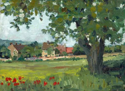 Mildred Burrage, "Giverny Landscape," 1909, oil on artist's board. Portland Museum of Art.  