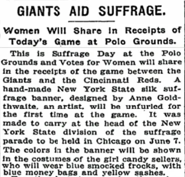 “Giants Aid Suffrage,” The New York Times, June 3, 1916, p.8