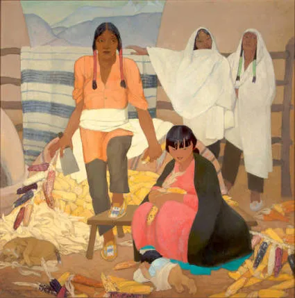 Blumenschein, Mary. Husking Corn, 1939. Oil on canvas. Harwood Emuseum.