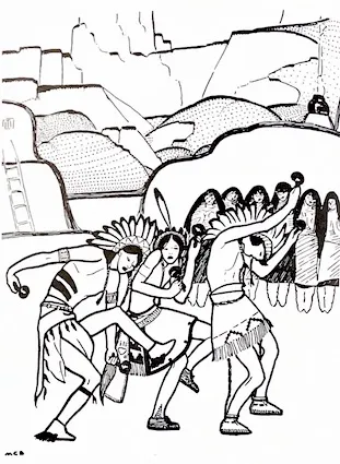 Blumenschein, Mary Greene. Untitled Illustration for Taos Calendar, 1936. Recuerdos: Early Days of the Blumenschein Family, by Helen Greene Blumenschein. Silver City, NM, Tecolote Press, 1979. 