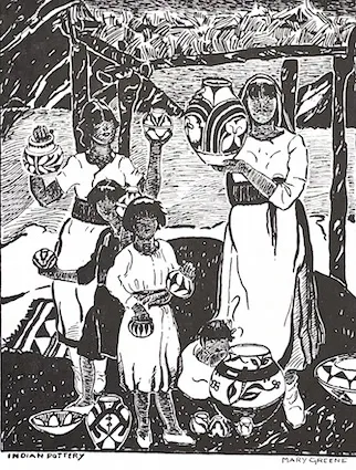 Blumenschein, Mary Greene. Indian Pottery, 1936. Illustration for Taos Calendar. Recuerdos: Early Days of the Blumenschein Family, by Helen Greene Blumenschein. Silver City, NM, Tecolote Press, 1979. 