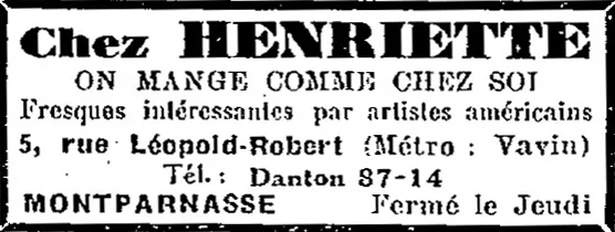 Advertisement for chez Henriette. La Semaine à Paris, 1930