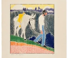 Hopkins, Edna Boies. Man Leading a White Mule. 1917. Color woodcut. Cincinnati Art Museum, 