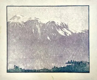 Hopkins, Edna Boies. Montagnes enneigées. 1900-1915, Bibliothèque de l’INHA, Paris. Color woodcut.