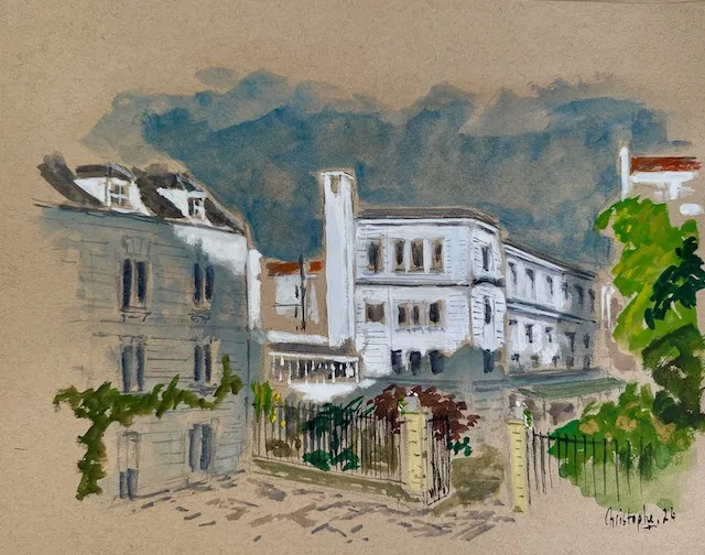 Christophe Korfer, Reid Hall, watercolor on paper, September 2024