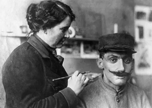 Anna Ladd painting a soldier's mask, Library of Congress